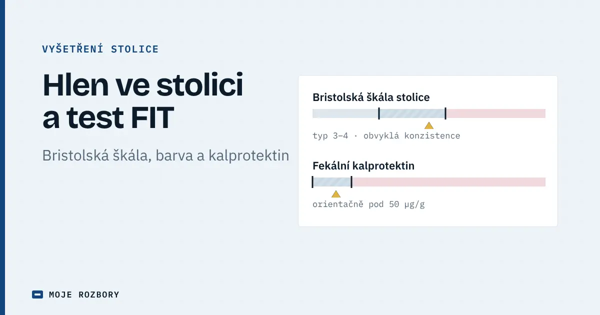 Titulní grafika průvodce hlenem ve stolici s Bristolskou škálou a orientačním pásmem fekálního kalprotektinu