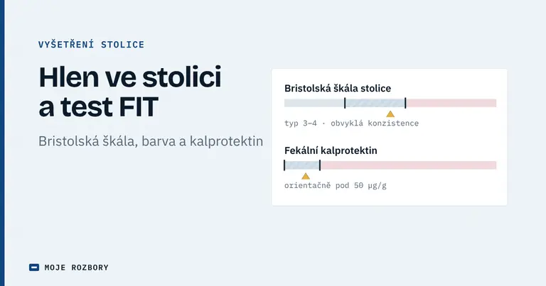 Titulní grafika průvodce hlenem ve stolici s Bristolskou škálou a orientačním pásmem fekálního kalprotektinu