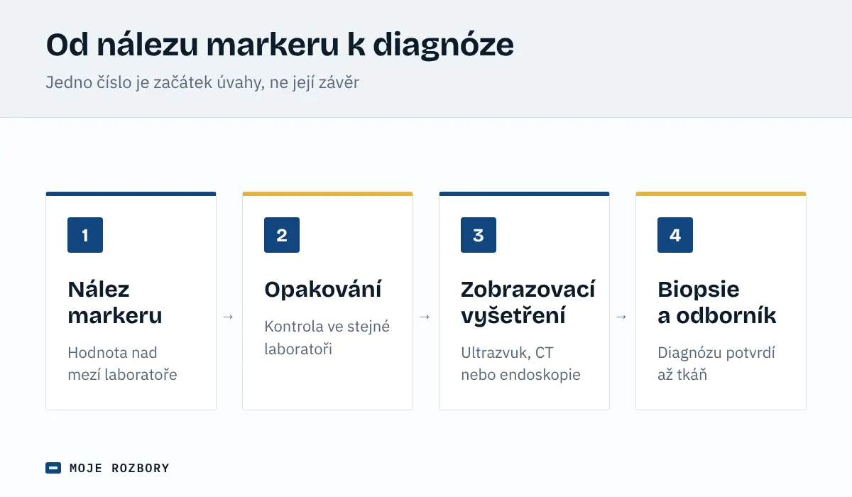Schéma postupu od zvýšeného nádorového markeru přes kontrolní odběr a zobrazovací vyšetření k biopsii a posouzení odborníkem